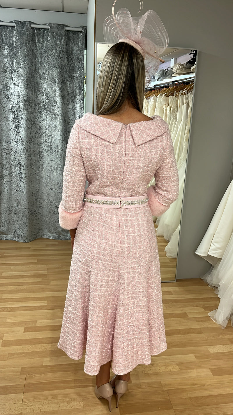 Gabriela Sanchez 7448 Rose Pink Fur Cuff Dress Size 14