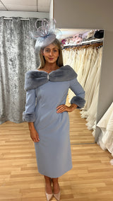 Gabriela Sanchez Blue Mother Of The Bride/Groom Dress With Detachable Faux Fur Size 14